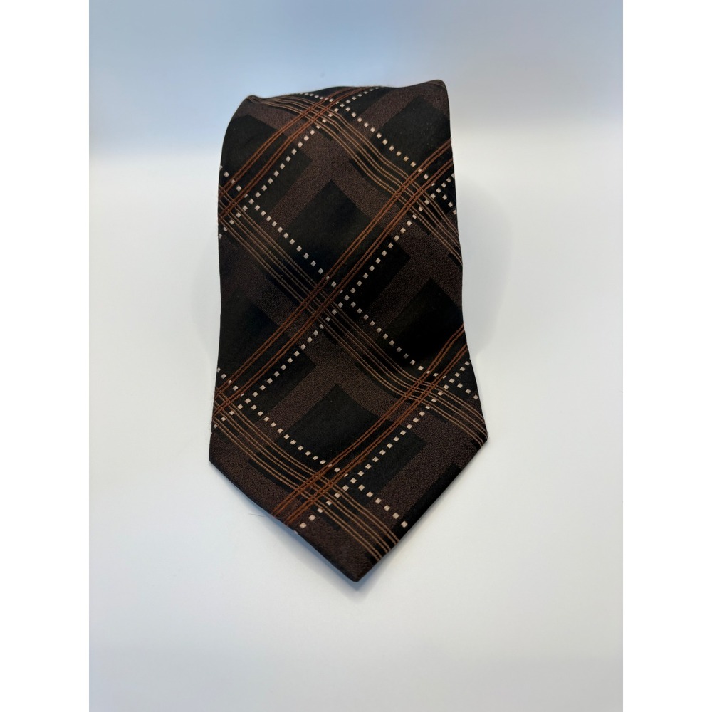 Claiborne Mens Silk Tie Black Brown Tan Plaid Geometric Woven Handmade Necktie